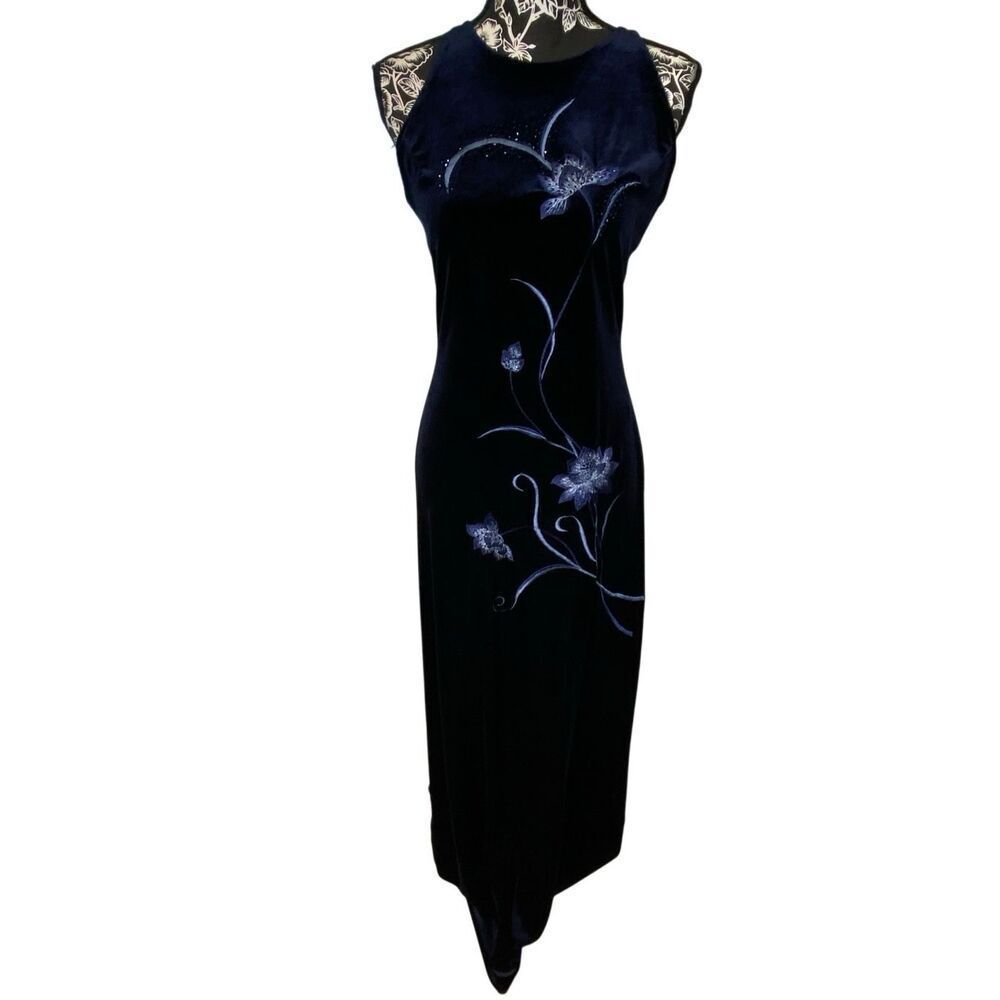 Reggio Velvet Floral Embroidered Beaded Formal Evening Maxi Dress Open Back Glam